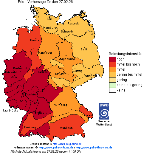 Deutschlandkarte mit Übersicht der Pollenbelastung