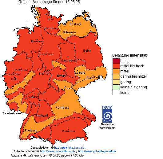 Deutschlandkarte mit Übersicht der Pollenbelastung