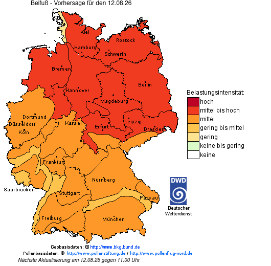 Deutschlandkarte mit Übersicht der Pollenbelastung