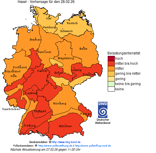 Deutschlandkarte mit Übersicht der Pollenbelastung