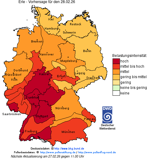 Deutschlandkarte mit Übersicht der Pollenbelastung