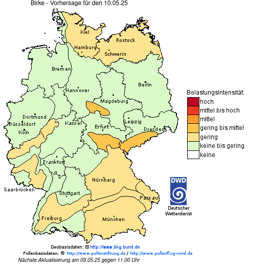 Deutschlandkarte mit Übersicht der Pollenbelastung
