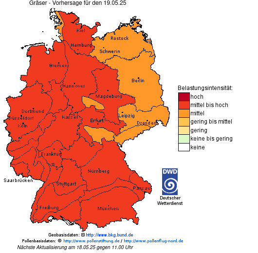 Deutschlandkarte mit Übersicht der Pollenbelastung