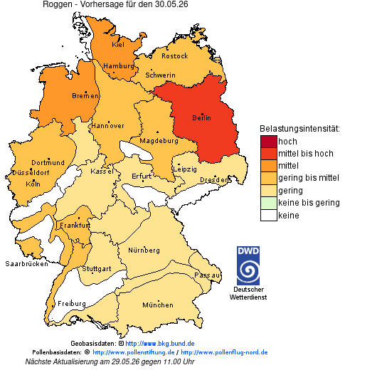 Deutschlandkarte mit Übersicht der Pollenbelastung
