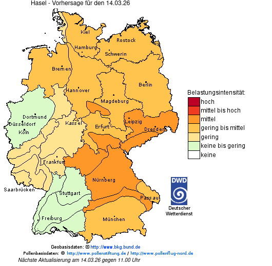 Deutschlandkarte mit Übersicht der Pollenbelastung