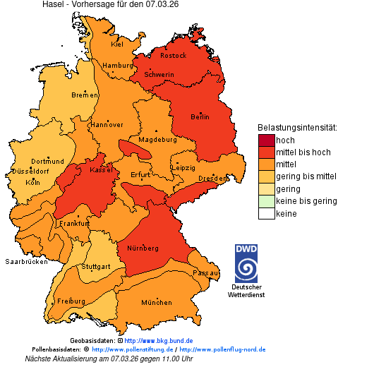 Deutschlandkarte mit Übersicht der Pollenbelastung