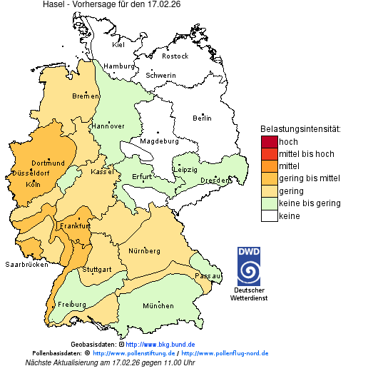 Deutschlandkarte mit Übersicht der Pollenbelastung