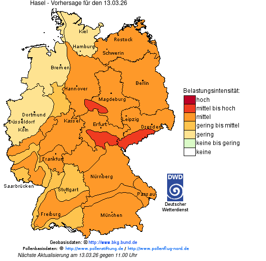 Deutschlandkarte mit Übersicht der Pollenbelastung