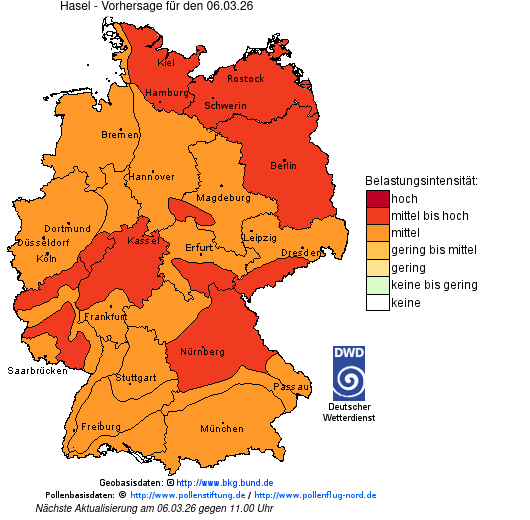 Deutschlandkarte mit Übersicht der Pollenbelastung