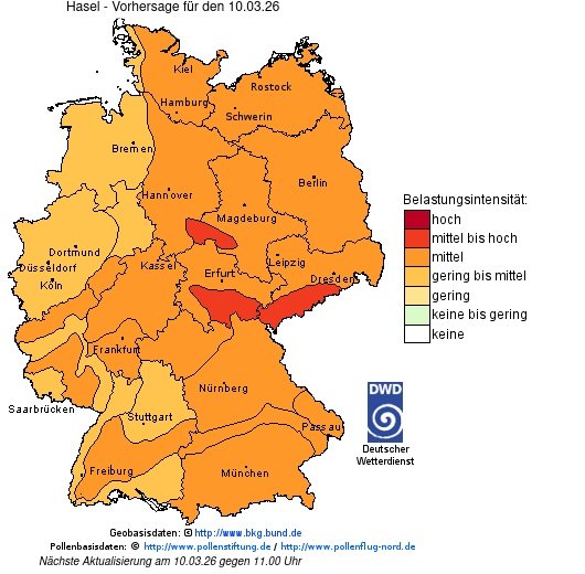 Deutschlandkarte mit Übersicht der Pollenbelastung