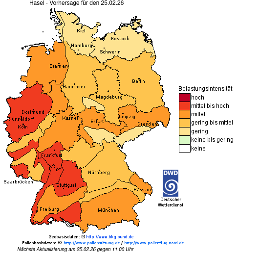 Deutschlandkarte mit Übersicht der Pollenbelastung