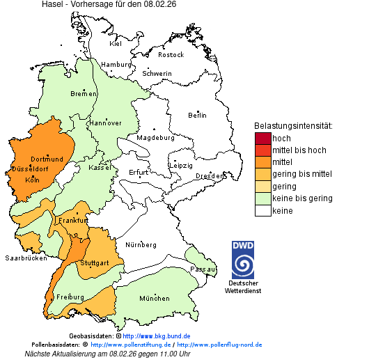 Deutschlandkarte mit Übersicht der Pollenbelastung