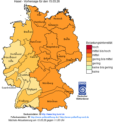 Deutschlandkarte mit Übersicht der Pollenbelastung