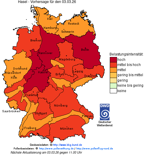 Deutschlandkarte mit Übersicht der Pollenbelastung