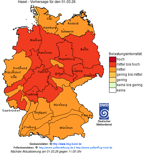 Deutschlandkarte mit Übersicht der Pollenbelastung