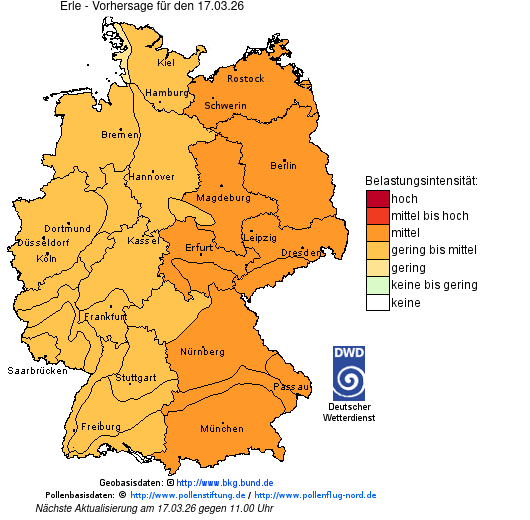 Deutschlandkarte mit Übersicht der Pollenbelastung