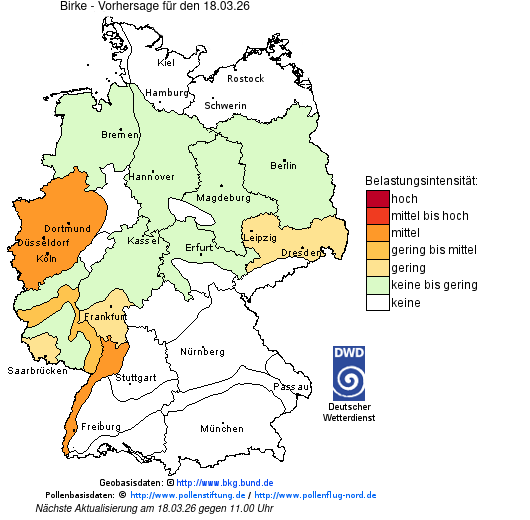 Deutschlandkarte mit Übersicht der Pollenbelastung