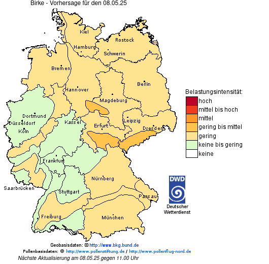 Deutschlandkarte mit Übersicht der Pollenbelastung