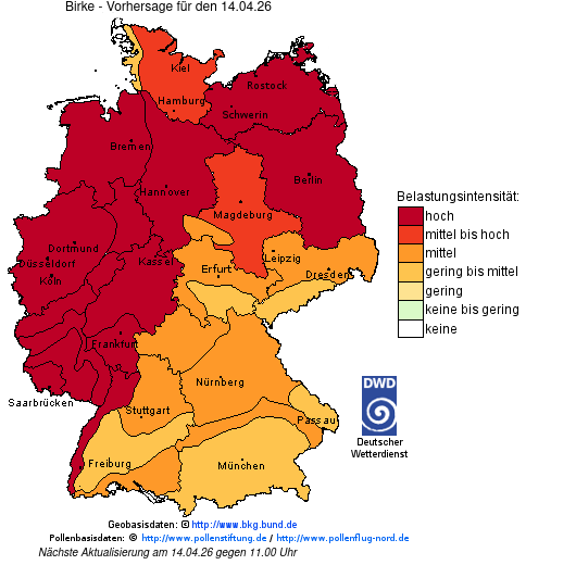 Deutschlandkarte mit Übersicht der Pollenbelastung