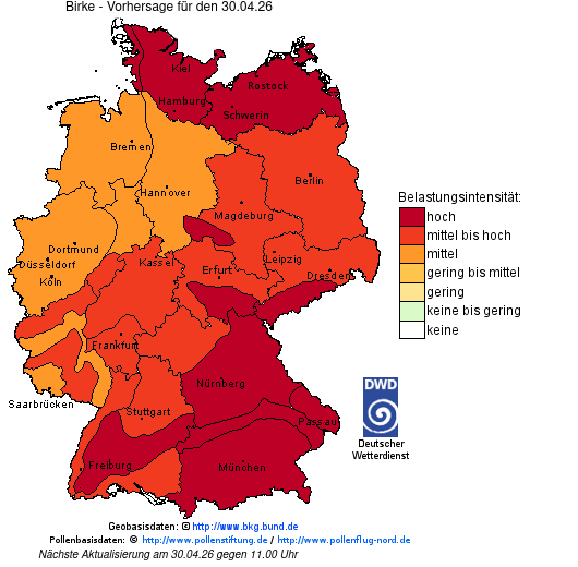 Deutschlandkarte mit Übersicht der Pollenbelastung