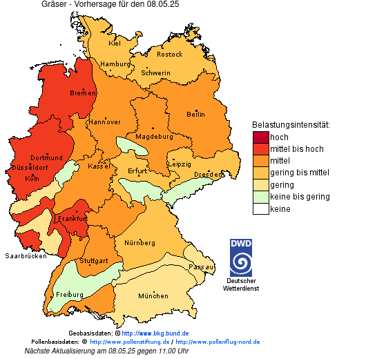 Deutschlandkarte mit Übersicht der Pollenbelastung