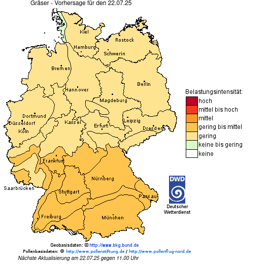 Deutschlandkarte mit Übersicht der Pollenbelastung