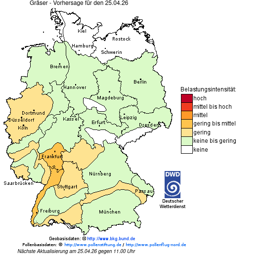 Deutschlandkarte mit Übersicht der Pollenbelastung