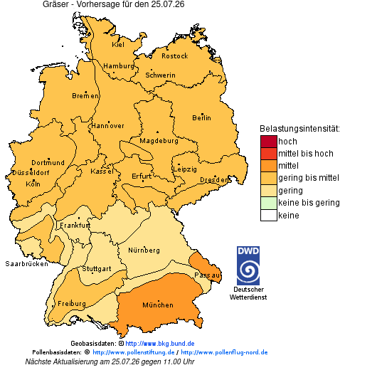 Deutschlandkarte mit Übersicht der Pollenbelastung