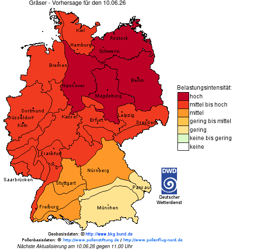 Deutschlandkarte mit Übersicht der Pollenbelastung