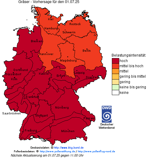Deutschlandkarte mit Übersicht der Pollenbelastung