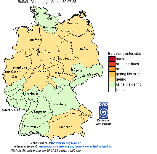 Deutschlandkarte mit Übersicht der Pollenbelastung