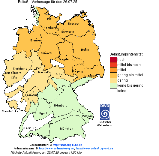 Deutschlandkarte mit Übersicht der Pollenbelastung