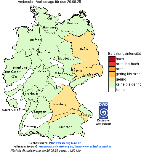 Deutschlandkarte mit Übersicht der Pollenbelastung