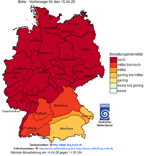 Deutschlandkarte mit Übersicht der Pollenbelastung
