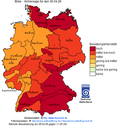 Deutschlandkarte mit Übersicht der Pollenbelastung