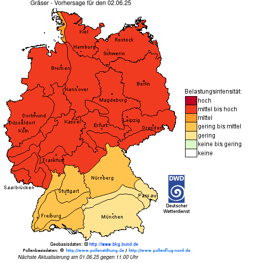 Deutschlandkarte mit Übersicht der Pollenbelastung