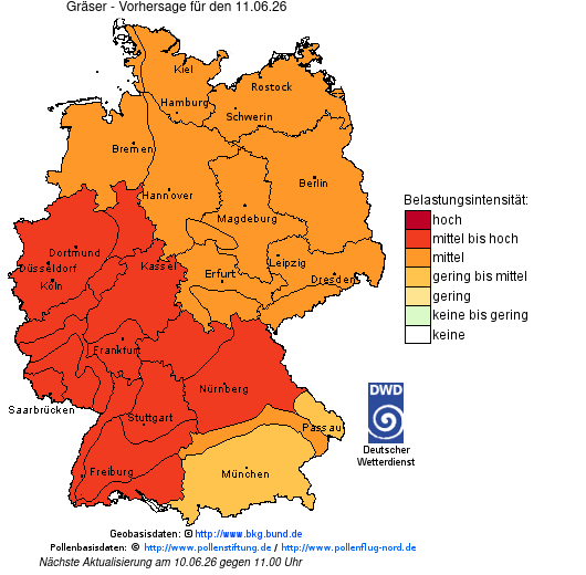 Deutschlandkarte mit Übersicht der Pollenbelastung