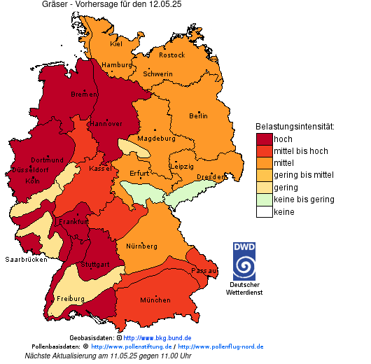 Deutschlandkarte mit Übersicht der Pollenbelastung