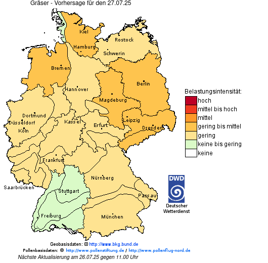 Deutschlandkarte mit Übersicht der Pollenbelastung