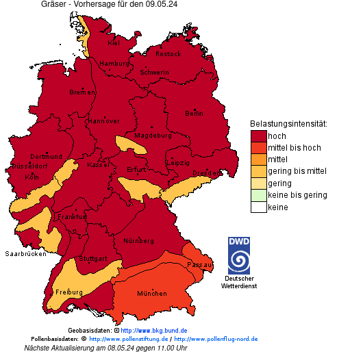 Deutschlandkarte mit Übersicht der Pollenbelastung