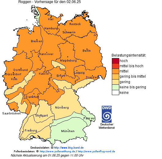 Deutschlandkarte mit Übersicht der Pollenbelastung
