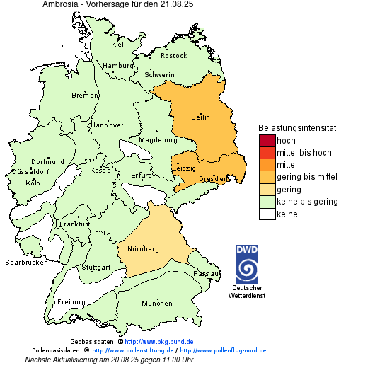 Deutschlandkarte mit Übersicht der Pollenbelastung