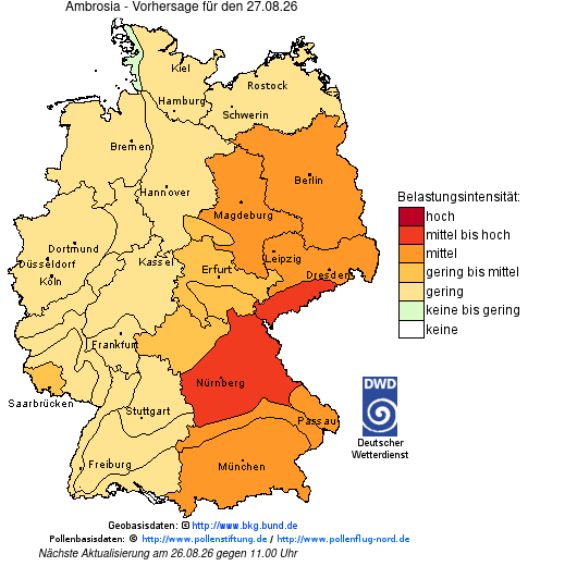 Deutschlandkarte mit Übersicht der Pollenbelastung